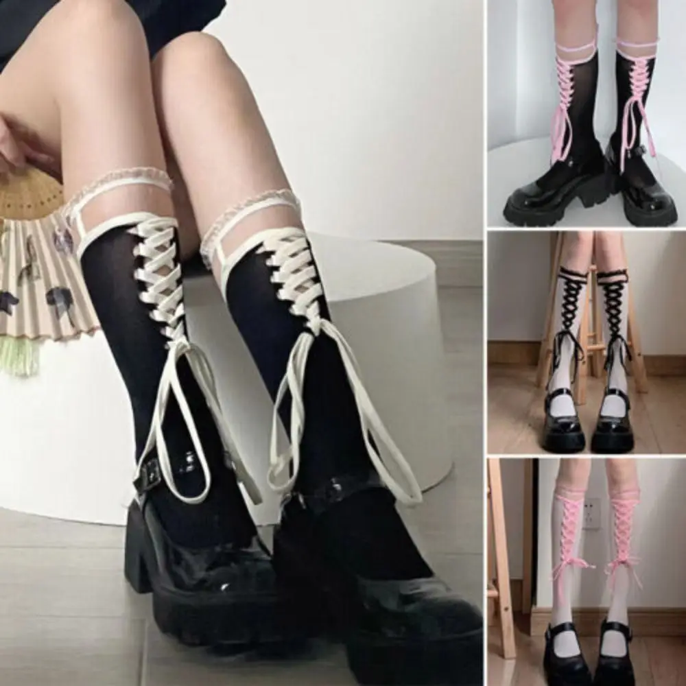 Black Nylon Lace Knee High Socks for Women Gothic Style