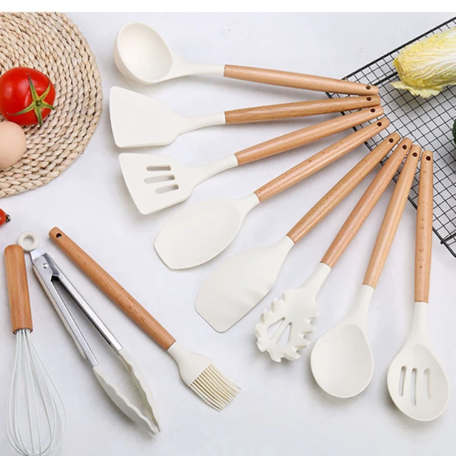 White Silicone Kitchenware Non-stick Cooking Utensils Set Cookware Spatula  Spoon Shovel Wooden Handle Kitchen Tool Set - Cooking Tool Sets - AliExpress