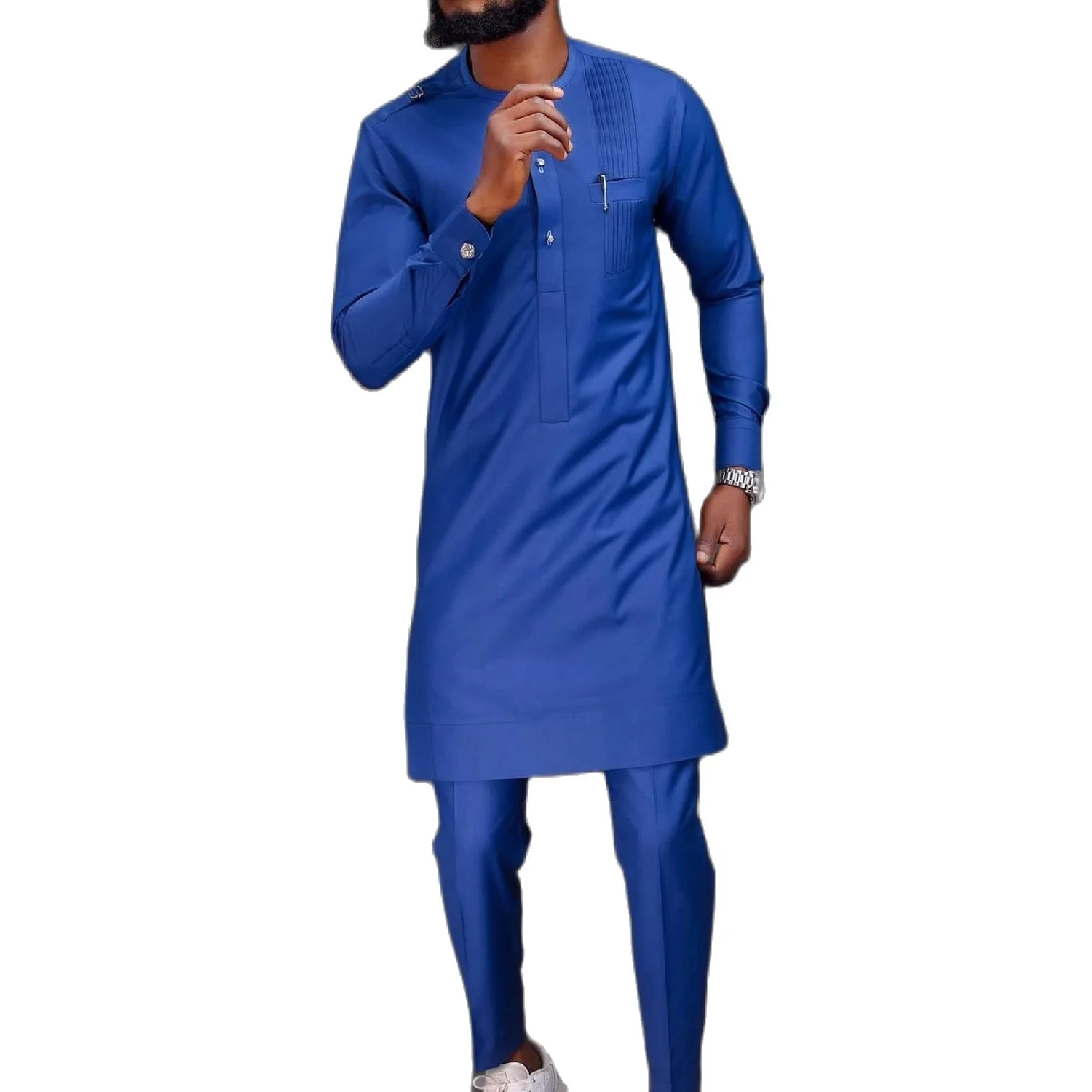 Blue Men's Sets African Wedding Groom Suits Tops+Pants Muslim Fashion Male Festival Outfits