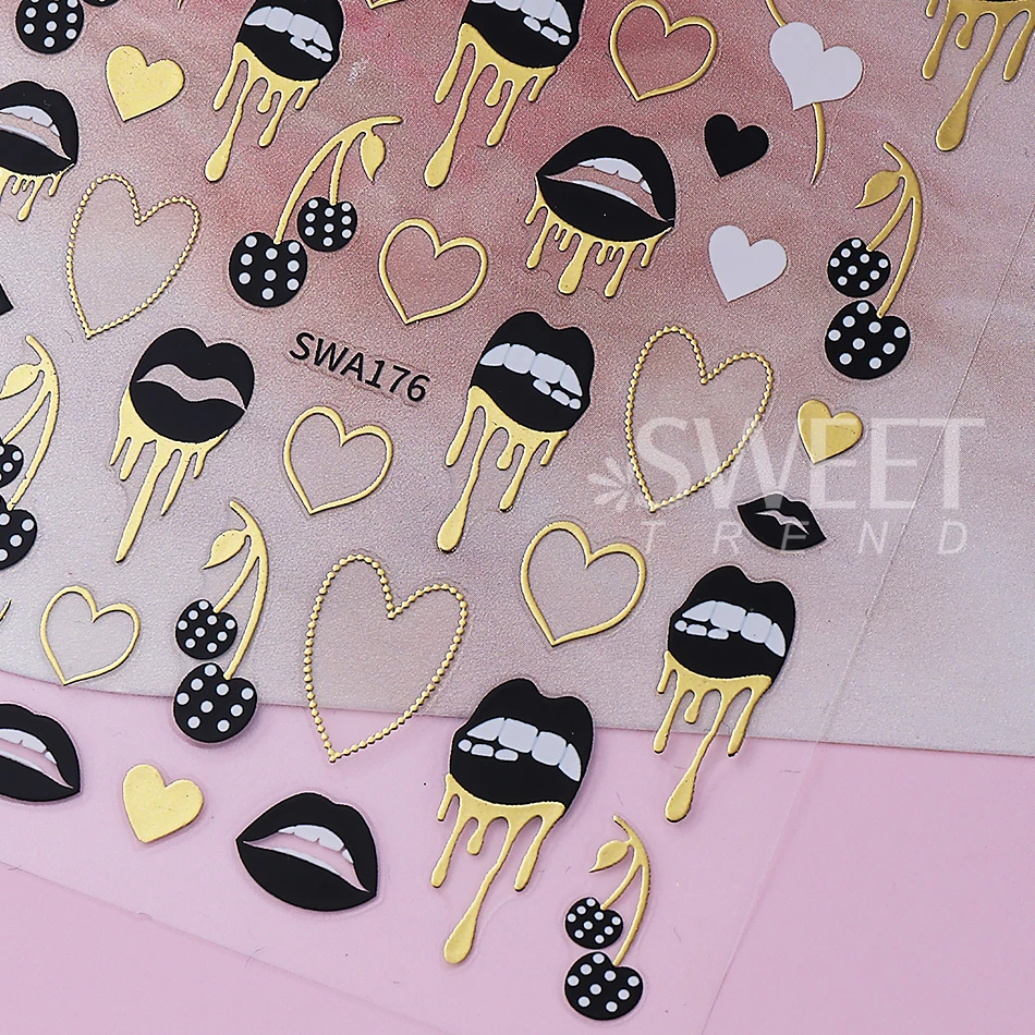 2 stücke Schwarze Lippen Liebe Herz Nail art Aufkleber Sexy Valentine Metall Linie Liebe Kirsche Selbst-klebe Nagel abziehbilder DIY Maniküre Dekor – Detail 8