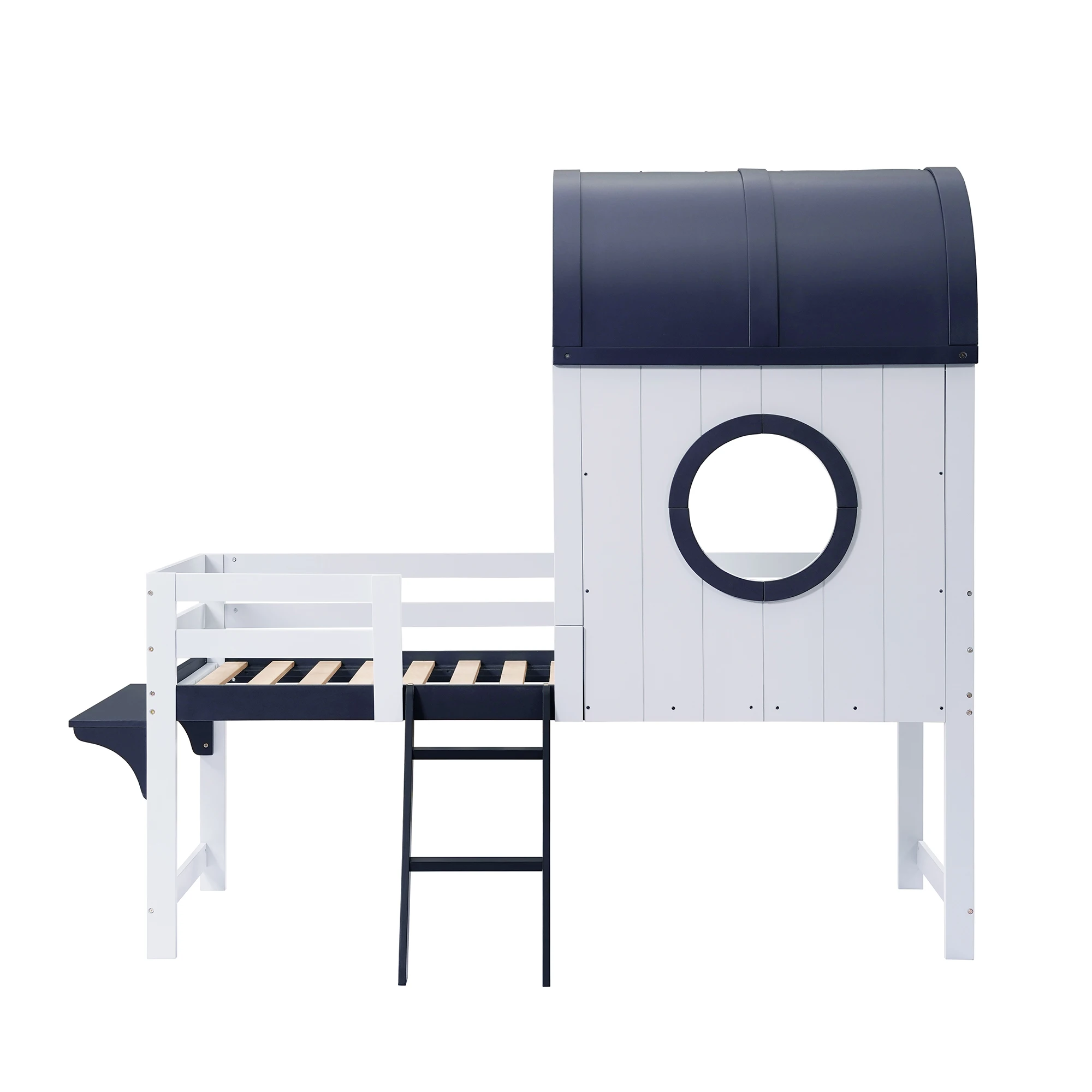 Etagenbett, Hochbett, Kinderbett mit Dach und Fenster, untere Schublade mit Rollen, praktische zweistufige Winkelleiter – Detail 15