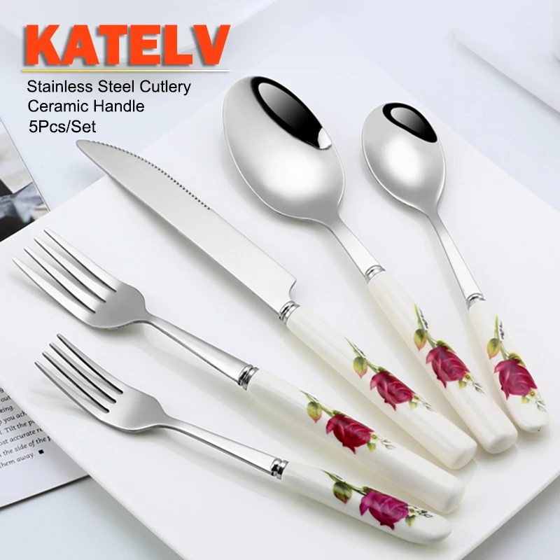 6pcs Set Of Ceramic Handle Stainless Steel Knives, Including Main Course  Knife, Dessert Knife, Steak Knife, Western Cutlery
