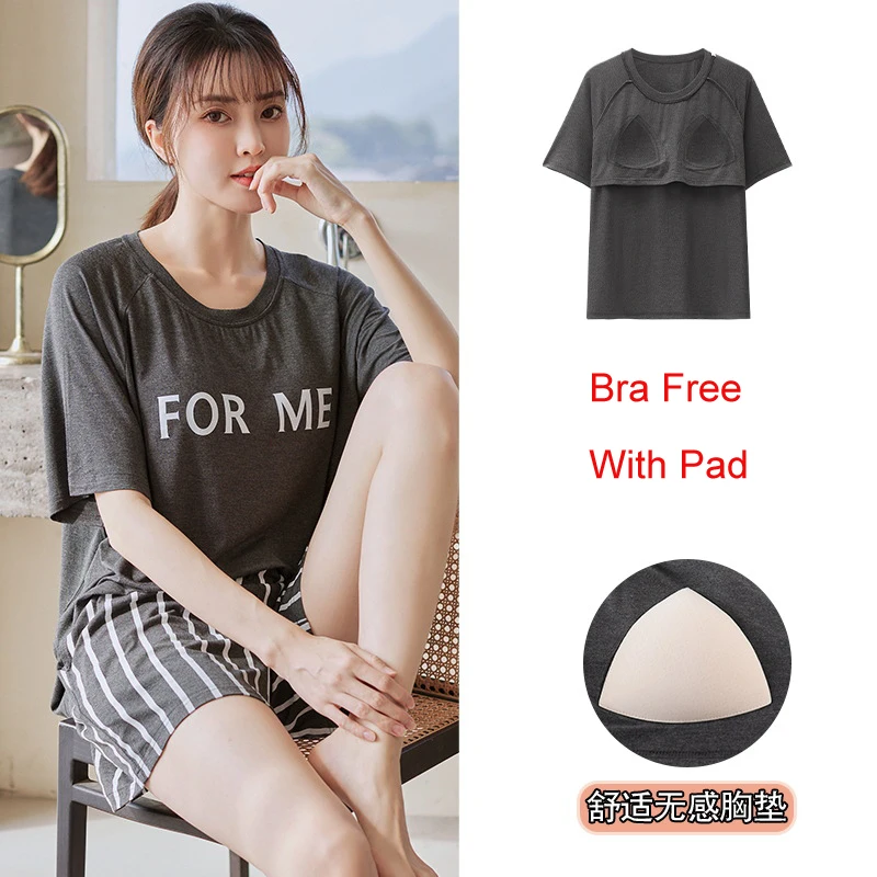 Ladies Wear Home Pajamas Set Modal Nightwear with Bra Pad Women's Pijama Korean Fashion Sleepwear with Bra Pad Loungewear