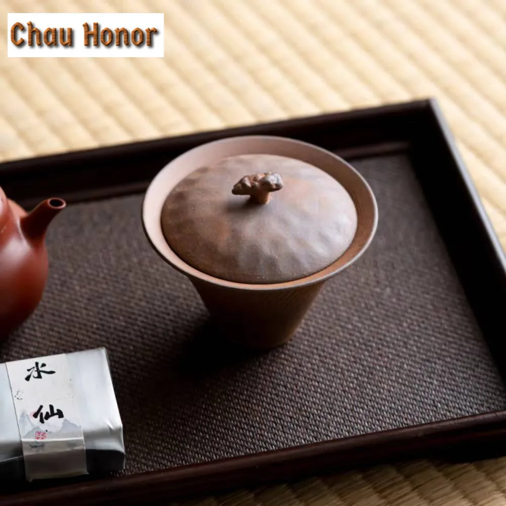 120ml Handmade Rough Pottery Gaiwan Retro Old Rock Mud Ceramic Bowl with Lid Tea Tureen Tea Maker Cover Bowl Teaware Collection