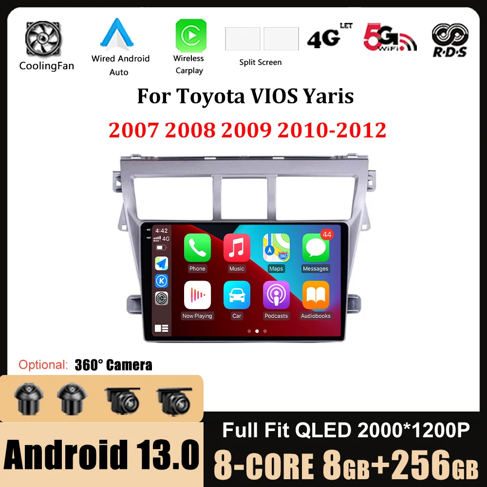 

Car Radio Multimedia Player GPS Navigation Wireless Carplay Android 13 9 inch screen for Toyota Vios Yaris 2007 - 2012