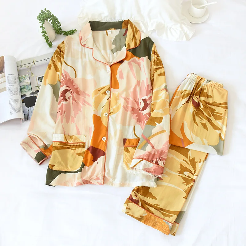 Fresh Floral pajamas sets women sleepwear cozy 100% Viscose Fashion sexy long sleeve two piece homewear plus size