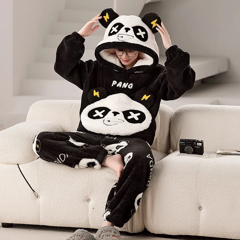 

Winter Men Pijama Sets 2PCS Adult Sleepwear Korean Hooded Pyjama Male Loungewear Cute Panda Thicken Soft Warm Pajama Homewear