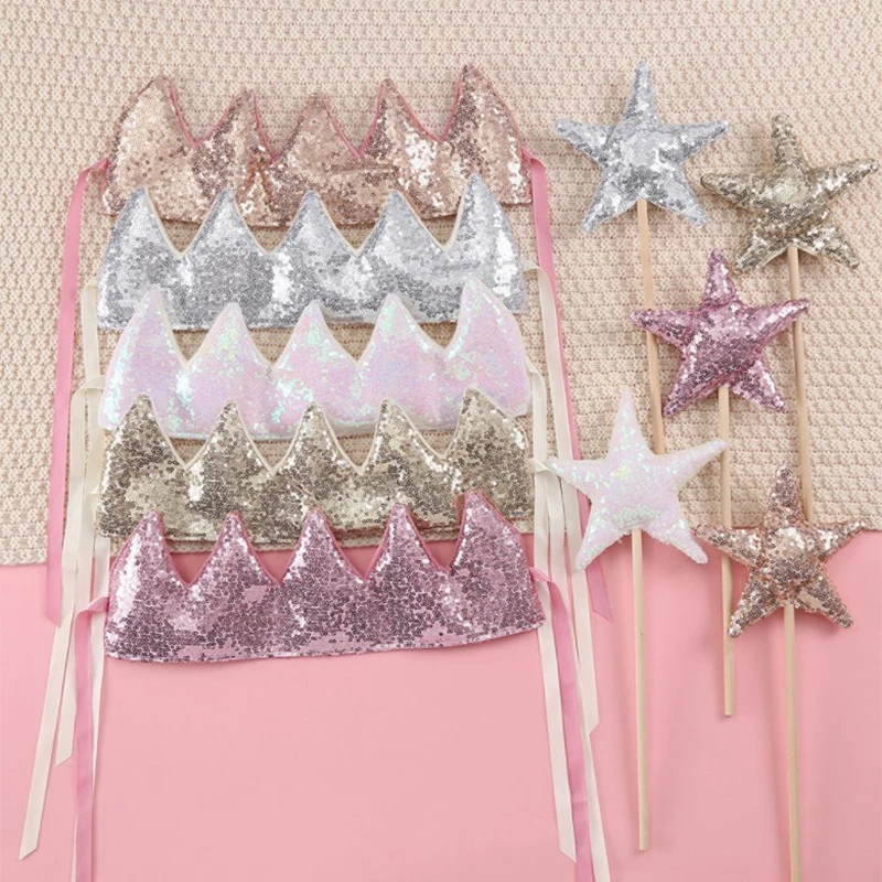 Baby Crown Hat Shower Girl Glitter Pink Crown Birthday Party Headwear Stage Performance Headband Star Fairy Stick Princess Cosplay Prop