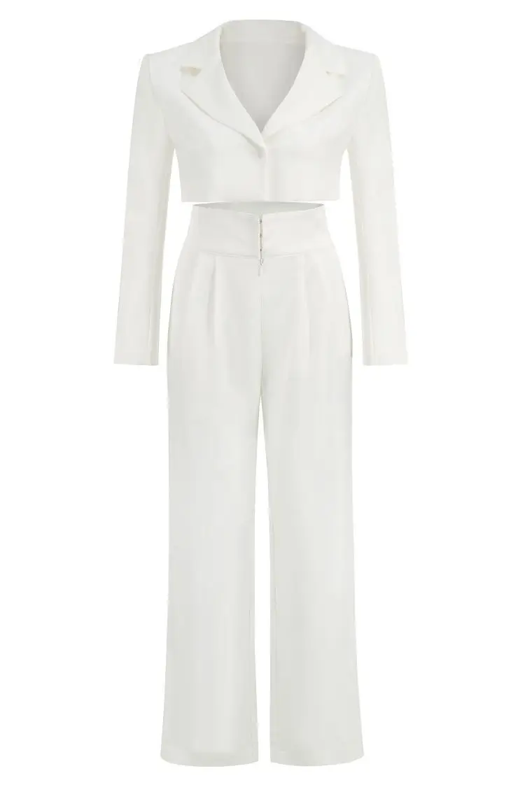 Tesco Women's Suit Blazer And Pants Short Jacket High Waist Straight Pants White Female Sets Casual Clothing conjunto feminino
