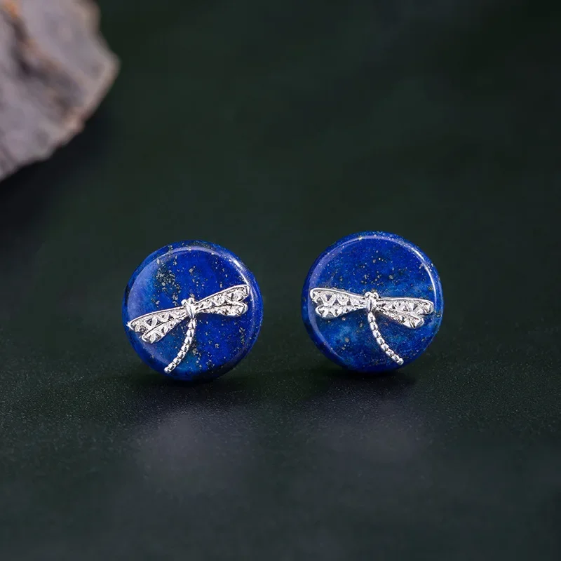 

925 Sterling Silver Lapis Lazuli Women Stud earrings Retro Ethnic Style Dragonfly Small Round Jewelry For Girls EH129