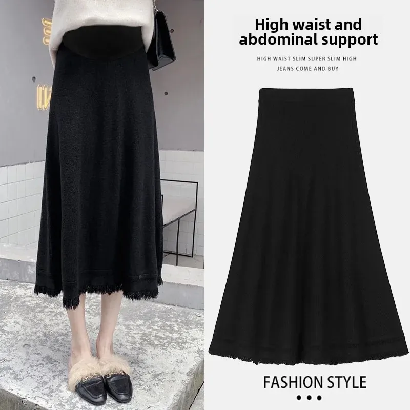 Maternity Knitted Long A- Line Skirt Autumn Winter Tassel Trim Loose Slimming Outerwear Fashionable Maternity Dress