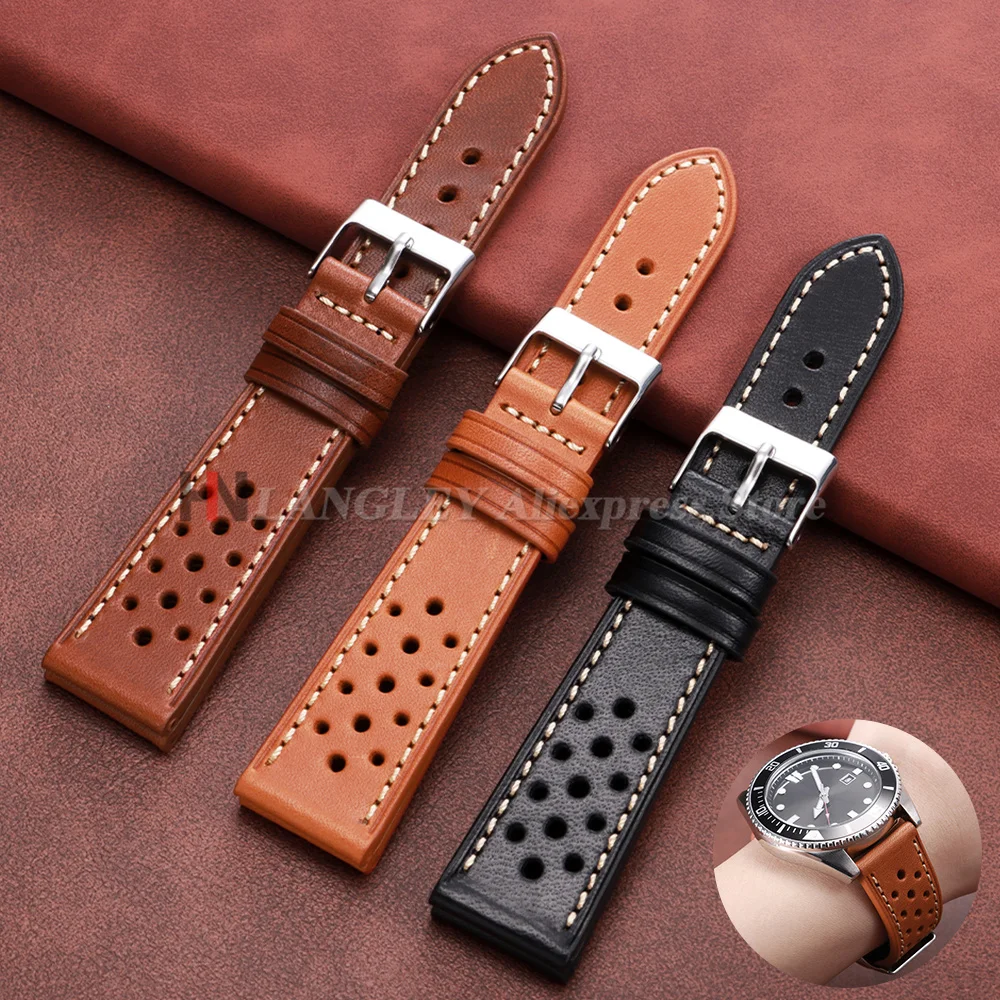Vintage Brown & Black Handmade Cowhide Leather Watch Strap - Breathable and Stylish