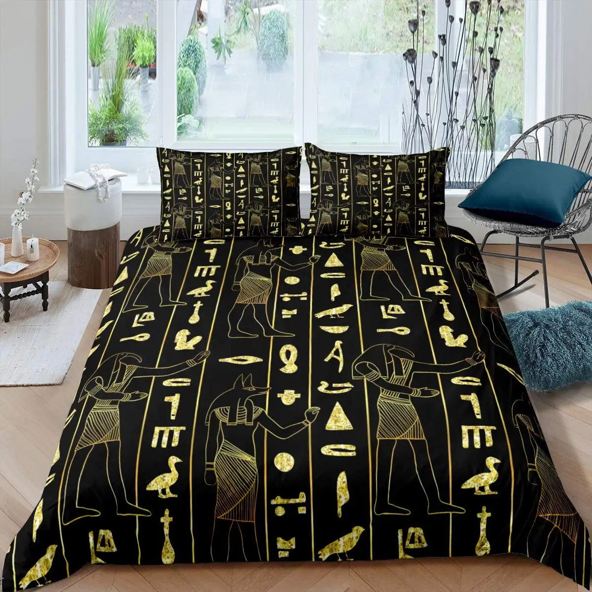 

Ancient Egypt Duvet Cover Set Egyptian Symbol Bedding Set Vintage Pharaoh Pyramid Boho Tribal Polyester Quilt Cover 3pcs Queen