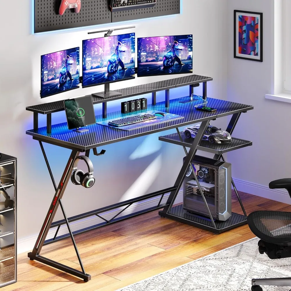 Gaming Desk with LED Lights & Power Outlets,55" Computer Desk with Monitor Stand & Storage Shelf,Gaming Table with Earphone Hook 4