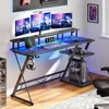 Gaming Desk with LED Lights & Power Outlets,55" Computer Desk with Monitor Stand & Storage Shelf,Gaming Table with Earphone Hook 4