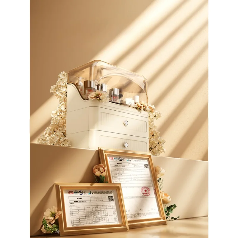 

Cream style cosmetics storage box with large capacity and dustproof new desktop storage box, dressing table, internet celebrity