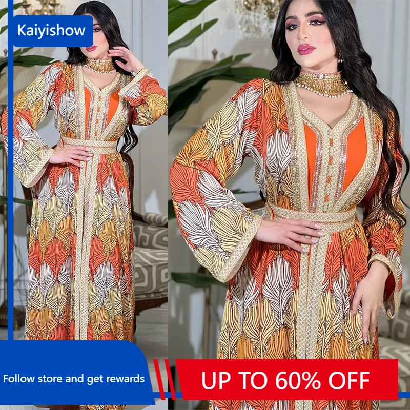

Muslim Fashion Abaya 2023 Summer Spring Muslim Women Long Sleeve V-neck Polyester Orange Long Abaya Muslim Dresses Muslim Sets