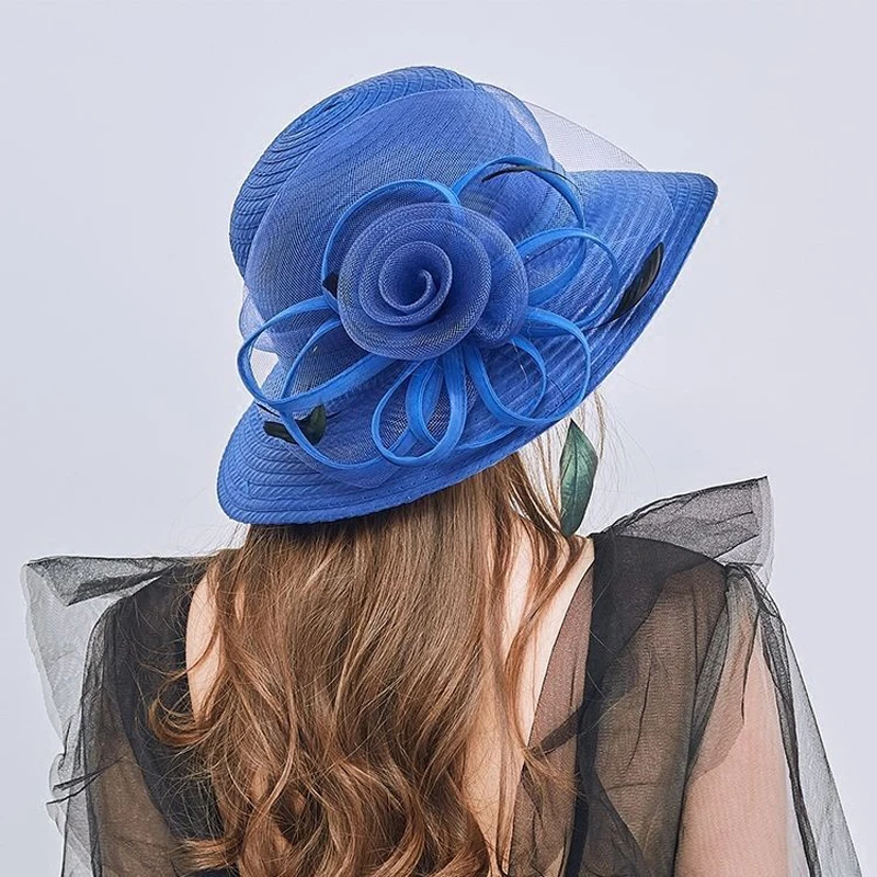 2023 New Summer Elegant Flower Organza Sun Hat For Women Luxury Feather Wide Brim Bucket Hat  Ladies Wedding Church Party Hat 2