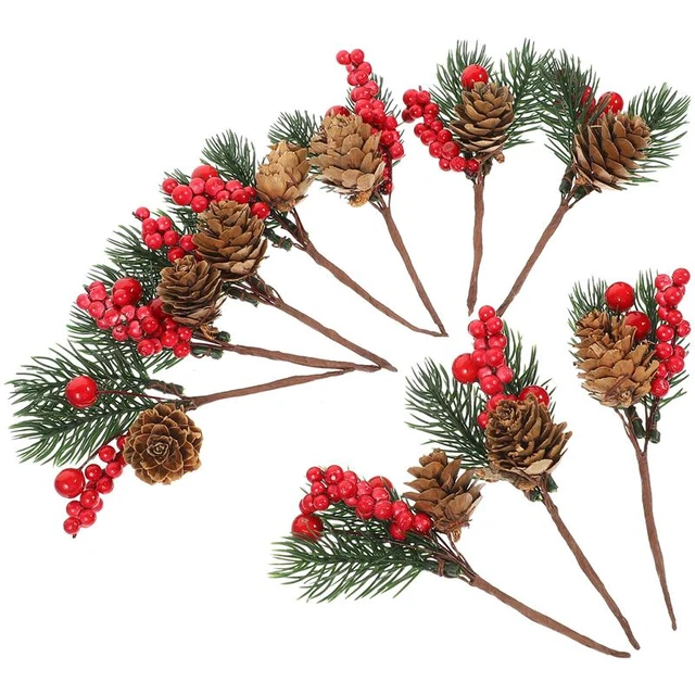 10 Pcs Mini Plastic Red Berry Stems Pine Branches Evergreen Christmas  Berries Artificial Pine Cones Branch Craft Wreath Floral Picks Holly Stem  for