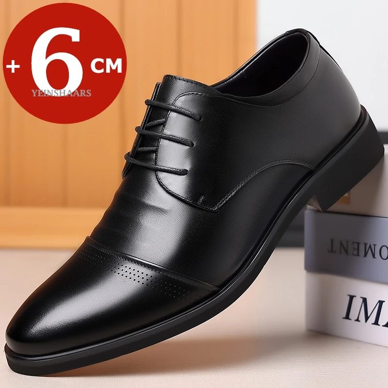 

New Men's Dress Shoes Elevator Shoes Platform Breathable Casual Business Genuine Leather Heightening Shoes Flat/6CM Taller Male