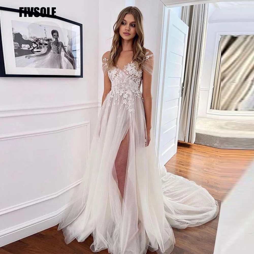 

Fivsole Fashion A-Line Tulle Wedding Dresses 2023 High Neck Custom-Made Court Train Appliques Leg Slit Robe De Mariée Engagement