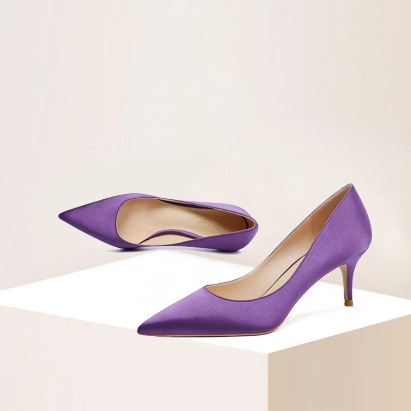 

Office Career Pumps High-heeled Shoes Women's Spring Autumn 2021 New Sexy Dress Banquet Purple 6cm Satin Pointed Heel Shoes Cust