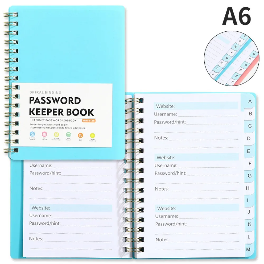 Alphabetical Tabs Spiral Password Keeper Notebook, A6 Mini Size, Secure Website Logins Organizer