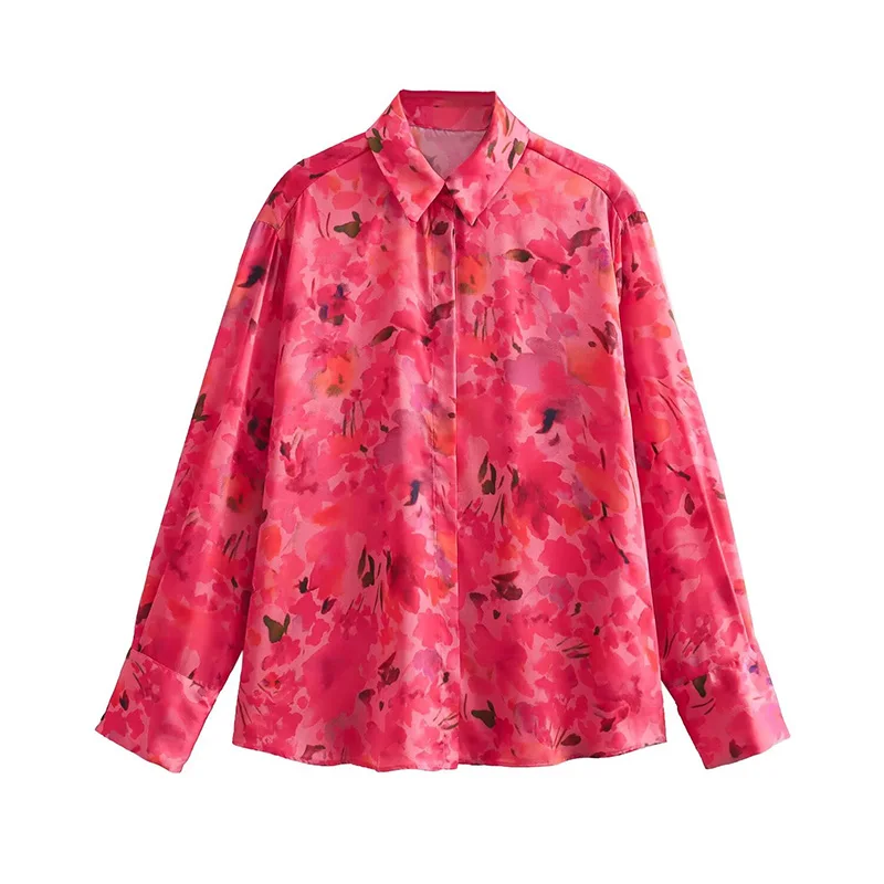 

Summer Shirt Tops 2024 New Casual Floral Print Satin Texture Shirt Long-Sleeved Single-Breasted Short Top