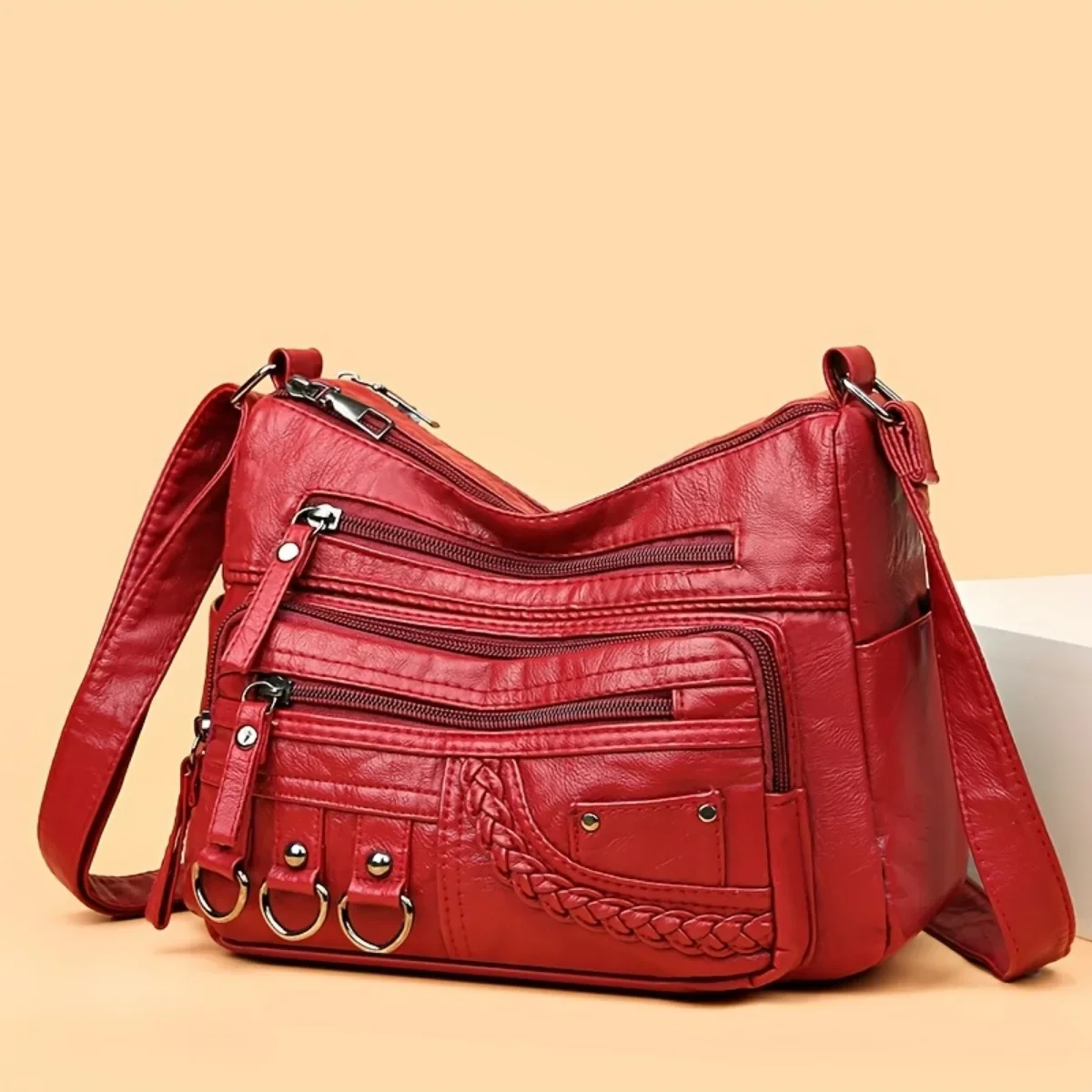 Braid Detail Crossbody Bag Fashion Metal Decor Crossbody Bag Large Capacity Women's Soft Faux Leather Purse With Multi Zipper