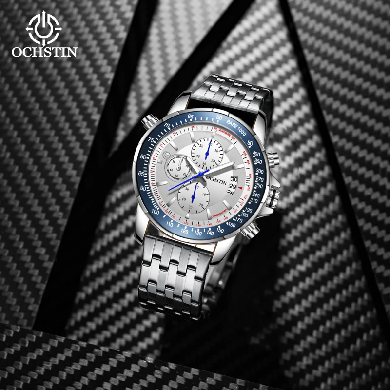 OCHSTIN Originale Series New Launch Steel Strap Multi-function Quartz Movement Watch Black Silver Men's Watch