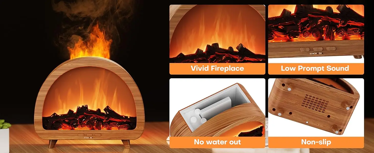 Séquence montrant un four à pizza extérieur en fonctionnement avec un feu de bois et des flammes orange rougeoyantes visibles à travers l'ouverture. Plusieurs cadres montrent des planches de préparation en bois et le processus de cuisson.