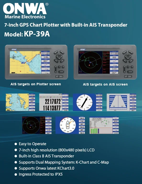 onwa kp-39a navegador marinho 7-inch Plotter with GPS Antenna and Built-in Class B AIS Transponder Combo Marine GPS Navigator