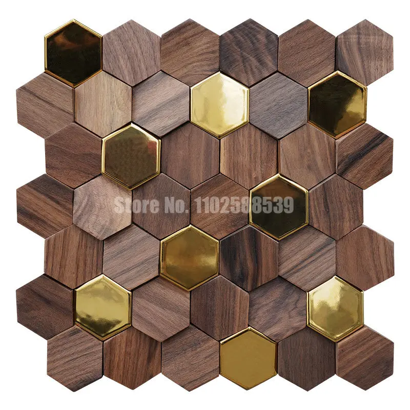 

Hexagon 3D Wood Wall Art for Teahouse Black Walnut Wood Metal Mosaic Tile TV Background Interior Art Wall Decor Wall Stickers