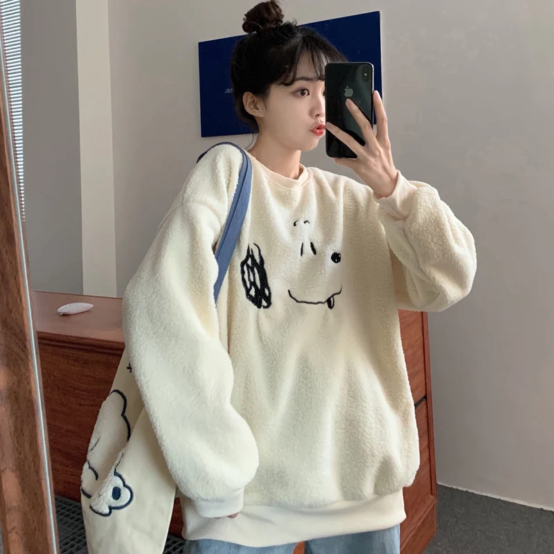 Winter New Arrivals Women Hoodie Sweatshirt Sweet Girly Style Apricot Lamb Wool Embroidery Cute Puppy Female Loose Pullover