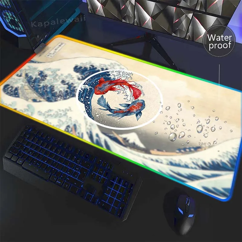 

LED Japanese Great Wave Off Gaming Mouse Pad RGB Gamer Mousepad Waterproof Mouse Mat Non-Slip Rubber Mat Keyboard Pads 900x300mm