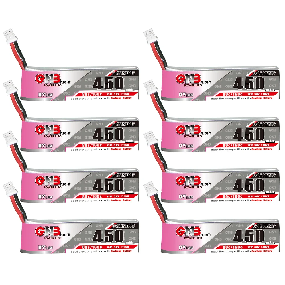 Empilement de 8 piles LiPo 450mAh 1S pour hélicoptère RC, avec câbles et connecteurs.