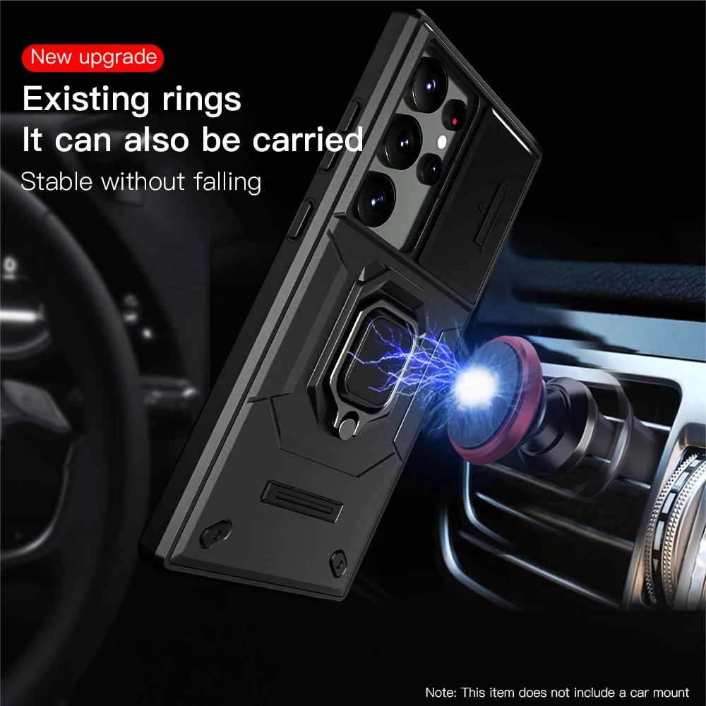 Case For Samsung S24 S23 Ultra Plus A54 A34 A14 4G 5G Slide Camera Ring Stand Armor Anti-fall Protection Kickstand_voghion.com