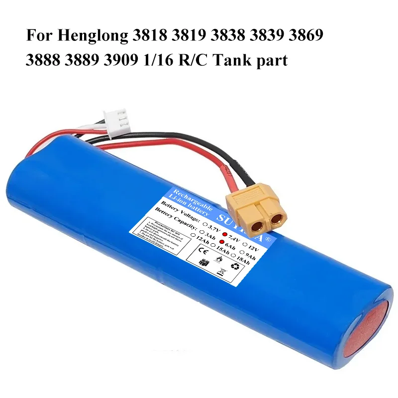 Lot comprenant batterie Li-ion 7.4V 6000mAh XT60 pour char Henglong 1/16 RC et chargeur adapté.