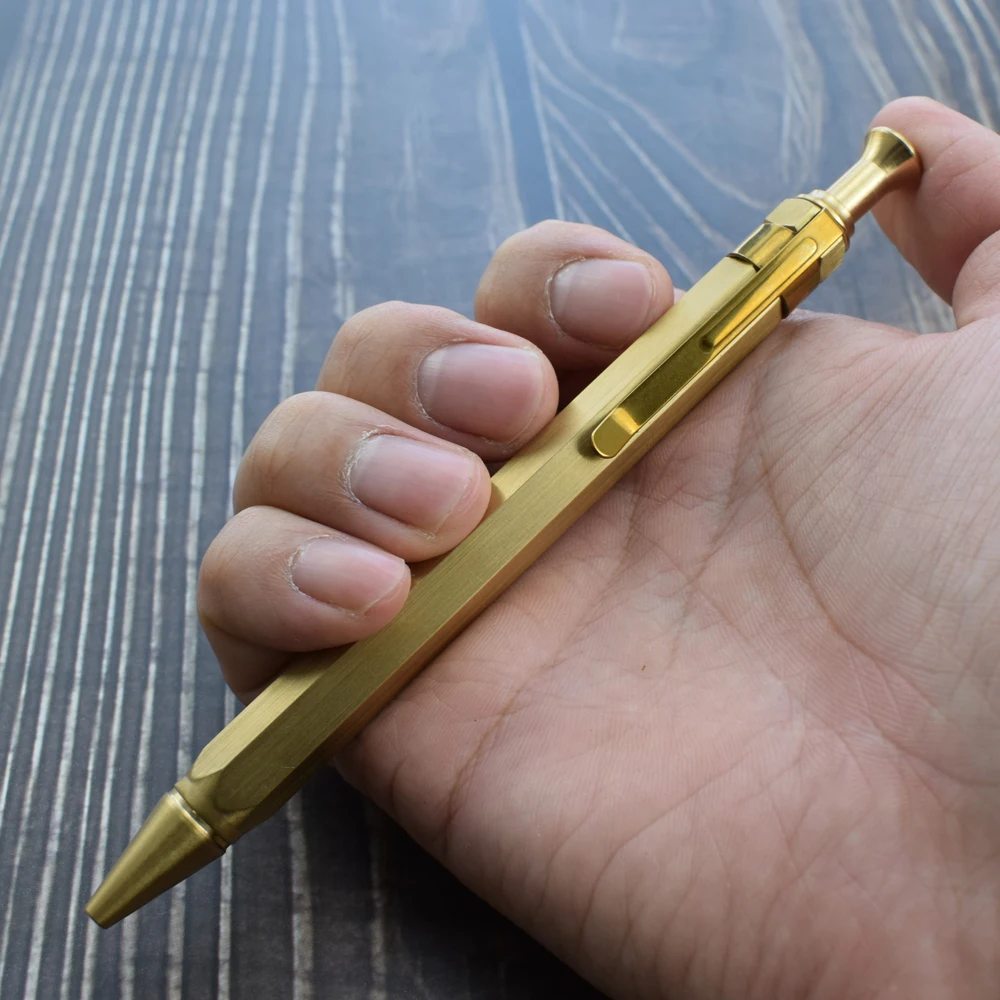 Vintage Click Action Brass Pen Golden Hexagonal 0.7mm Black Ink Ballpoint Pen Signature Supplies School Office Supplies 3