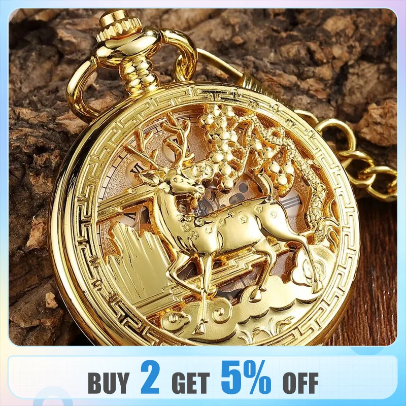 Golden Hollow Deer Pattern Orologio Da Tasca Meccanico Vintage Double Side Steampunk Fob Clock Collana Maschile Catena Dell'Orologio Donna Uomo