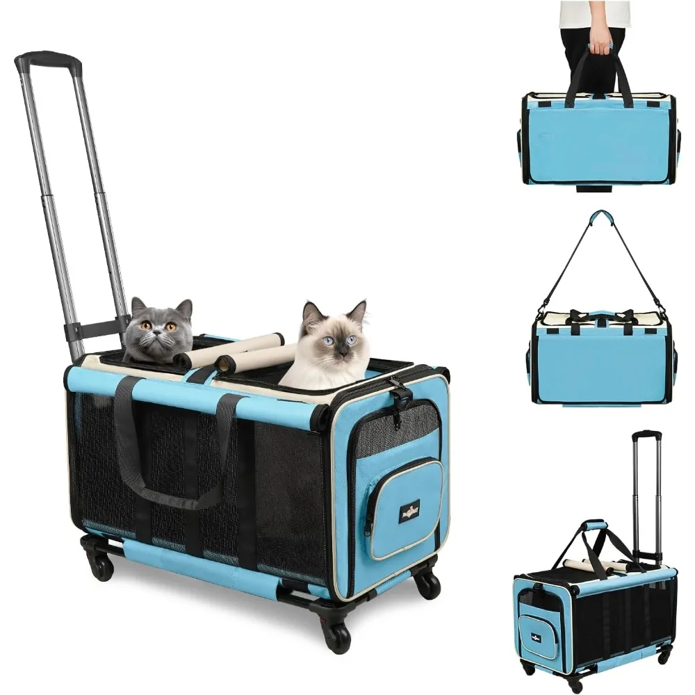 

Portable Pet Carrier with Wheels, Double-Compartment Foldable Pet Carrier with Wheels for 2 Small Cats and Dogs,Pet Carrier.