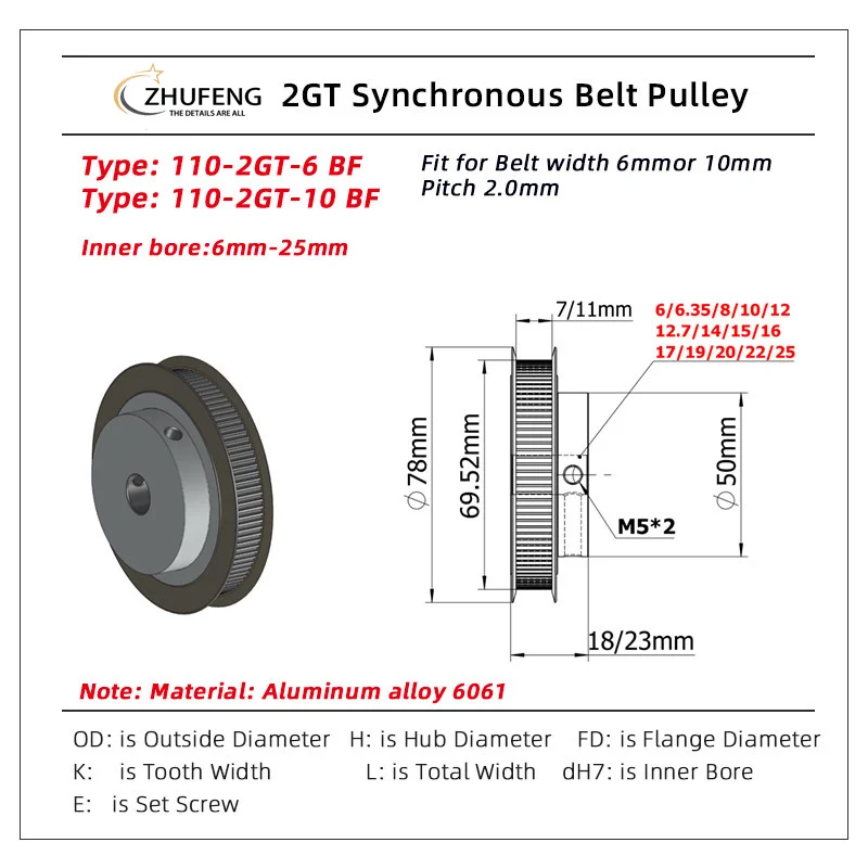 110 톱니 타이밍 풀리 보어, 2GT, 5/6/6 35/8/10/12/12. GT2 동기 벨트 폭 110 톱니 110 T, 7mm, 14mm, 15mm, 16mm, 17mm, 18mm, 19mm, 20mm,