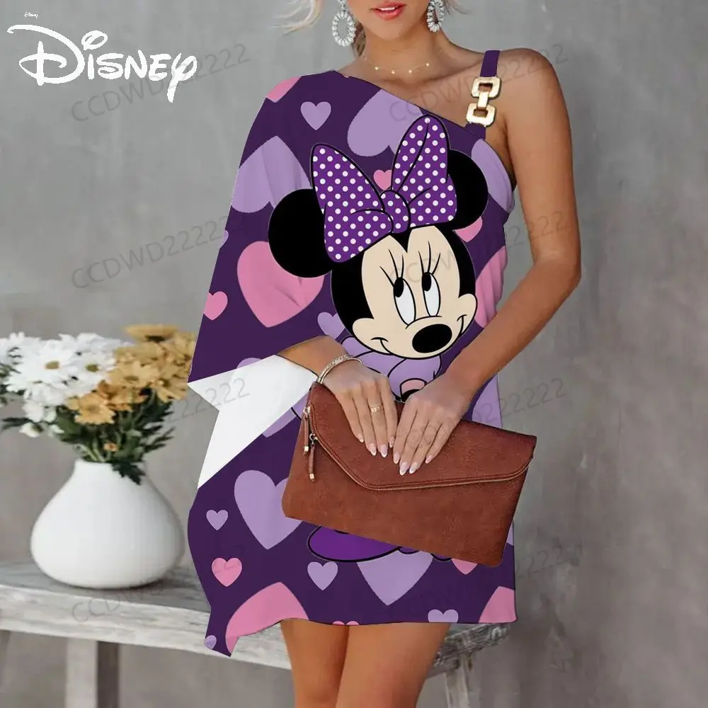 

Elegant Dresses for Women Mini Dress One-Shoulder Disney Mickey Diagonal Collar Minnie Mouse Evening Party Luxury Prom 2023 Sexy