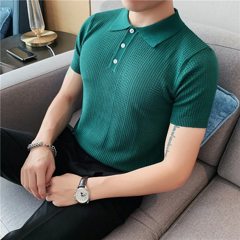 Spring Summer Mens Leisure Polo Shirts Solid Color Short Sleeve Button Lapel Knitting Tops Men Clothes Casual Loose Polos