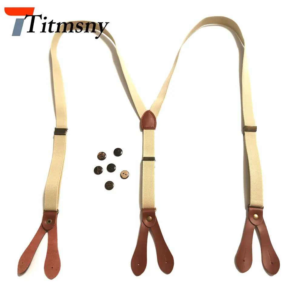 

Men and Women Leather + high elastic 2.0cm wide 3 Buckles suspender Striped Or Khaki Six Buttons Design Elastic Suspenders