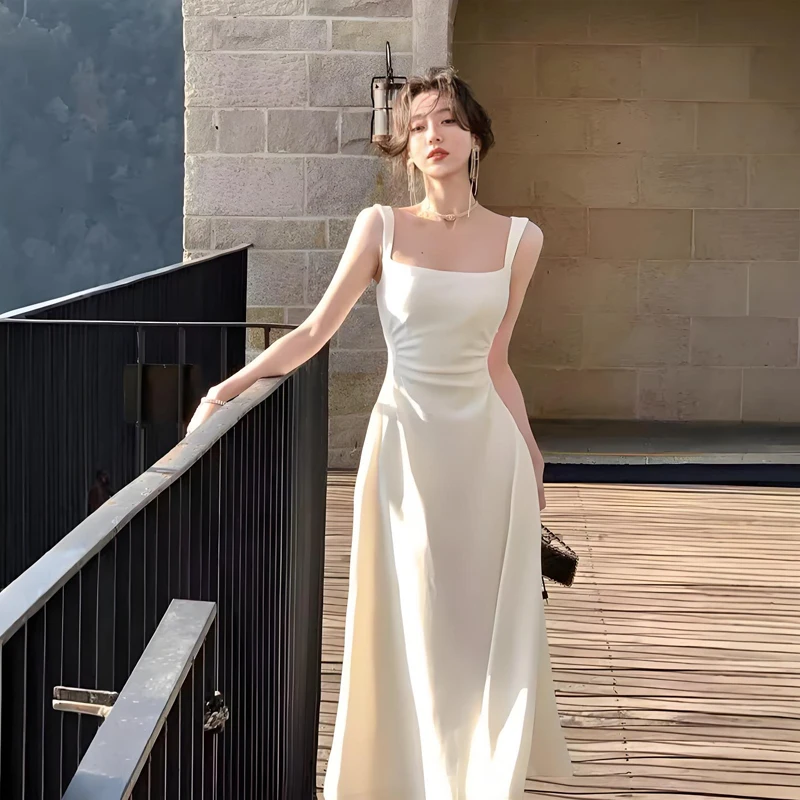 White Suspender Dress For Women New Style A-line French Waist Slimming Niche Design Temperament Medium Length Skirt