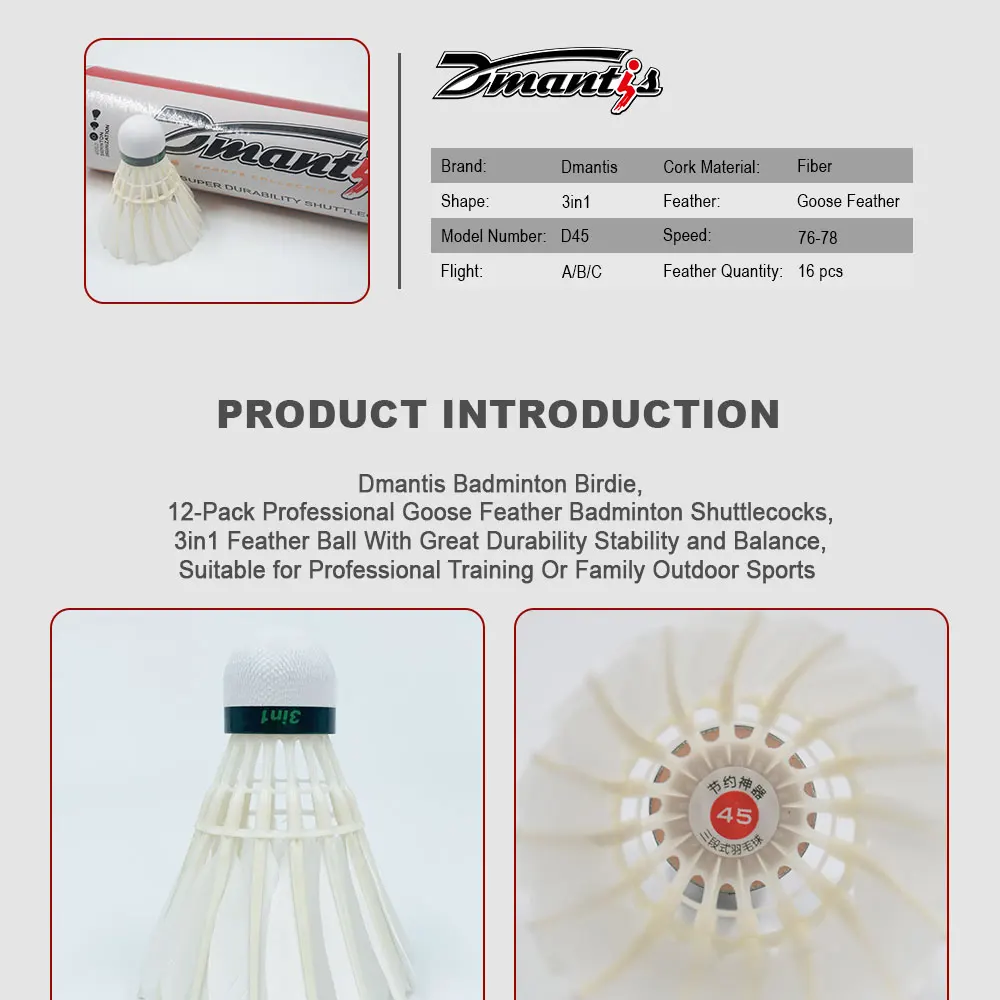 12Pcs Dmantis D45 3in1 Training Goose Feather Shuttlecocks Birdies Hybird Shuttlecock Badminton Balls Indoor Outdoor Sports