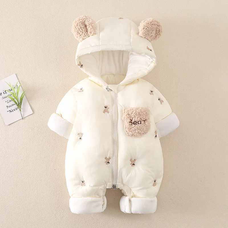 AYNIGIELL Winter Baby Jumpsuit Thick Warm Infant Hooded Inside