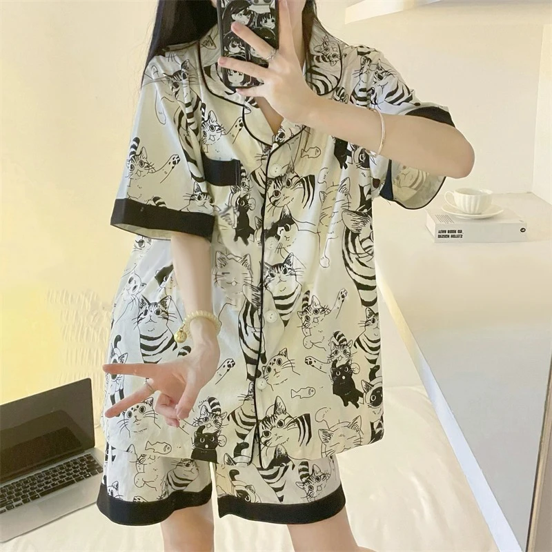 Women's Cartoon Black Cat Two-Piece Pajama Set