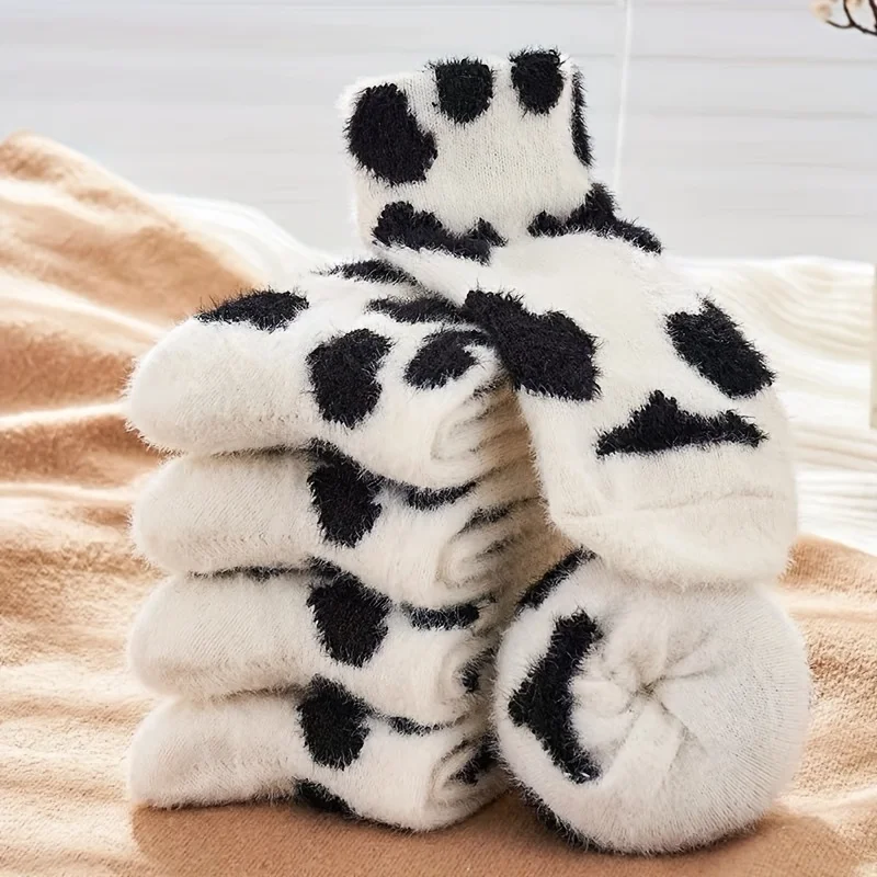 Womens Socks 2 Pairs Cute Cow Spots Print Socks Thickened Warm Coral Fleece Socks Women's Stockings Hosiery